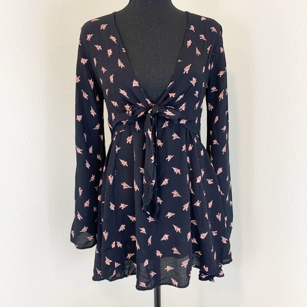 Flynn Skye London Tie Front Mini Dress Medium Rosebud Print
